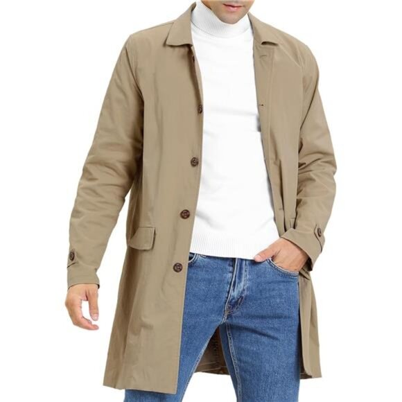 Mens Trench Coat Slim Fit Single Breasted Khaki - Picture 1 of 5